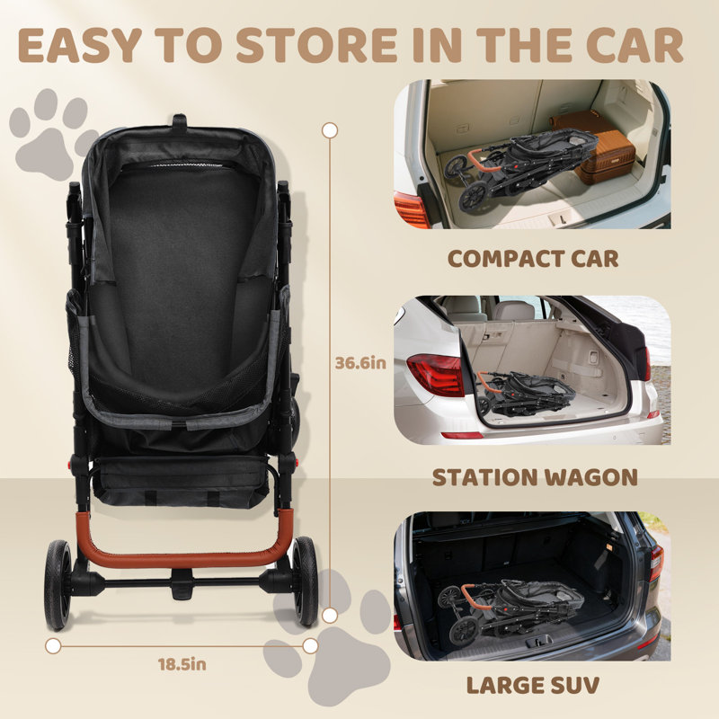 Poussette pour chien pour petits et moyens chiens, poussette pour animal de compagnie pour 2 petits chiens avec poignée et auvent réglables, très grand, pliable et ventilé, organisateur de rangement