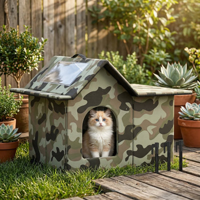 Weatherproof Collapsible Outdoor Cat House, Large Feral Cat Shelter for Winter with Door & Soft Mat, Easy Assembly, Green
