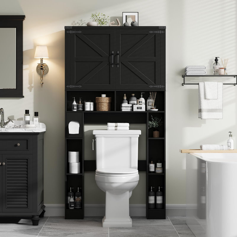 Armoire de rangement au-dessus de la toilette avec 2 portes de grange, Noir pur