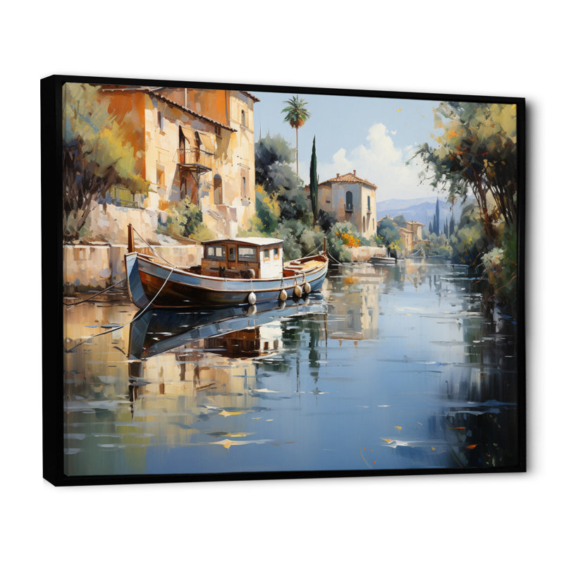 Beige canal impressionniste - imprimé, H 12 po x l 20 po x P 1 po, Cadre flottant noir