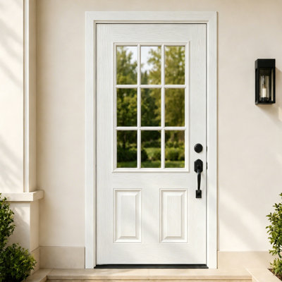 36" x 80" Fiberglass Front Entry Door, White Primed Woodgrain, 9-Lite Clear Low-E Glass, Left-Hand Inswing,only Slab