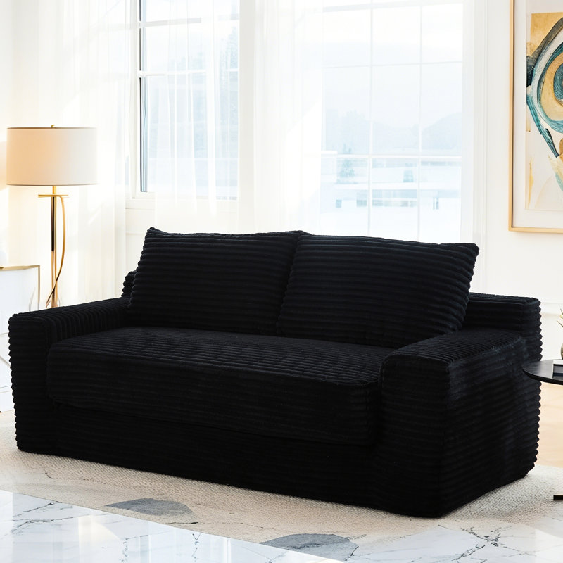 Canapé convertible 2 places en velours côtelé avec structure en acier et mousse à mémoire de forme, sans assemblage, noir pour les salles familiales compactes au lit, salon à la maison
