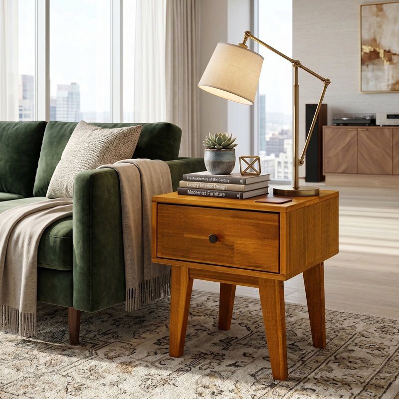 Acacia Sofia Solid Wood Nightstand with Storage Drawer, Caramel