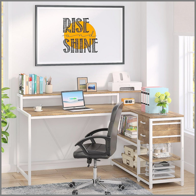 Bureau de bureau en L de 55 pouces avec rehausse de moniteur, tiroirs et tablettes de rangement pour petits espaces, table d'écriture Farmhouse