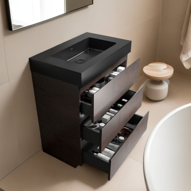 Meuble-lavabo autoportant en noyer avec lavabo, Noir