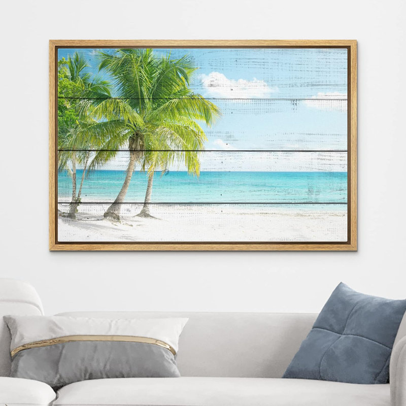Palmier tropical, océan, paradis, effet de bois, panneaux, art moderne, rustique, H 24 po x l 36 po, Cadre naturel flottant