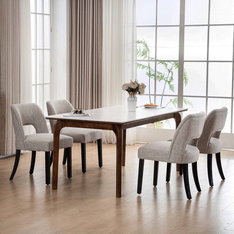Chaise de salle à manger en lin avec pieds en bois massif, 4, Gris