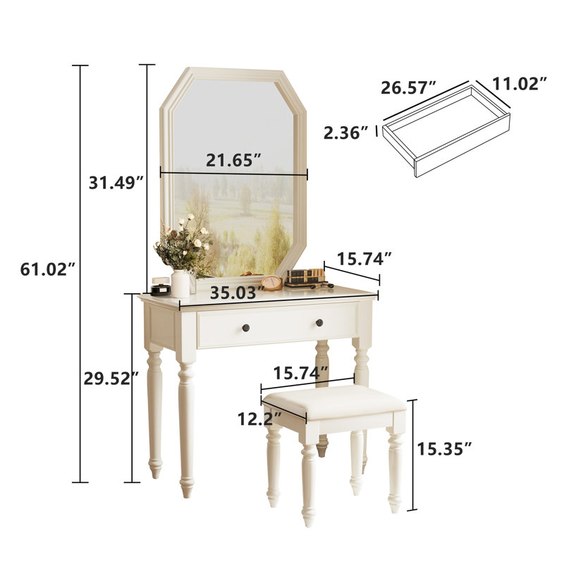 Pereda 35.43 Inch Wide Makeup Vanity With Mirror And Stool, 1 Drawer, Padded Stool, Beige