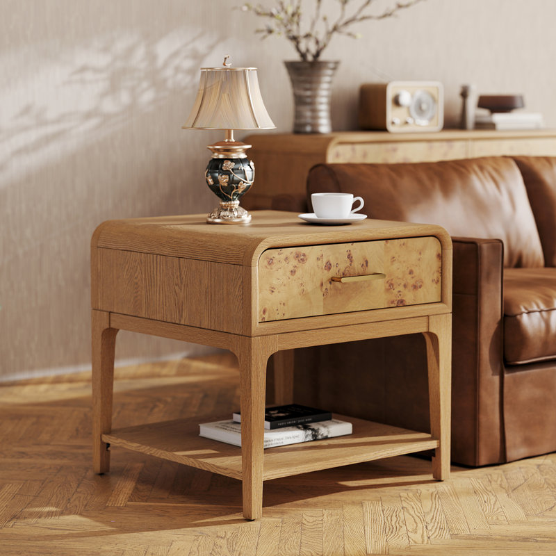 Adden Mid-century Modern 1-drawer End Table/nightstand With Lower Shelf, Solid Wood Frame & Burl Veneer Drawer Front, Brun