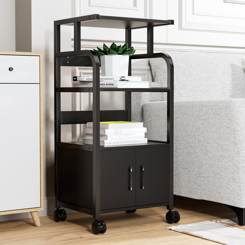 Mobile Printer Stand, 4-Tier File Rack With Lockable Casters,Wooden File Cabinet With Shelves,File Organizer Shelf Filing Cabinet W/Iron Pipe For Home, Office, Dorm, Living Room