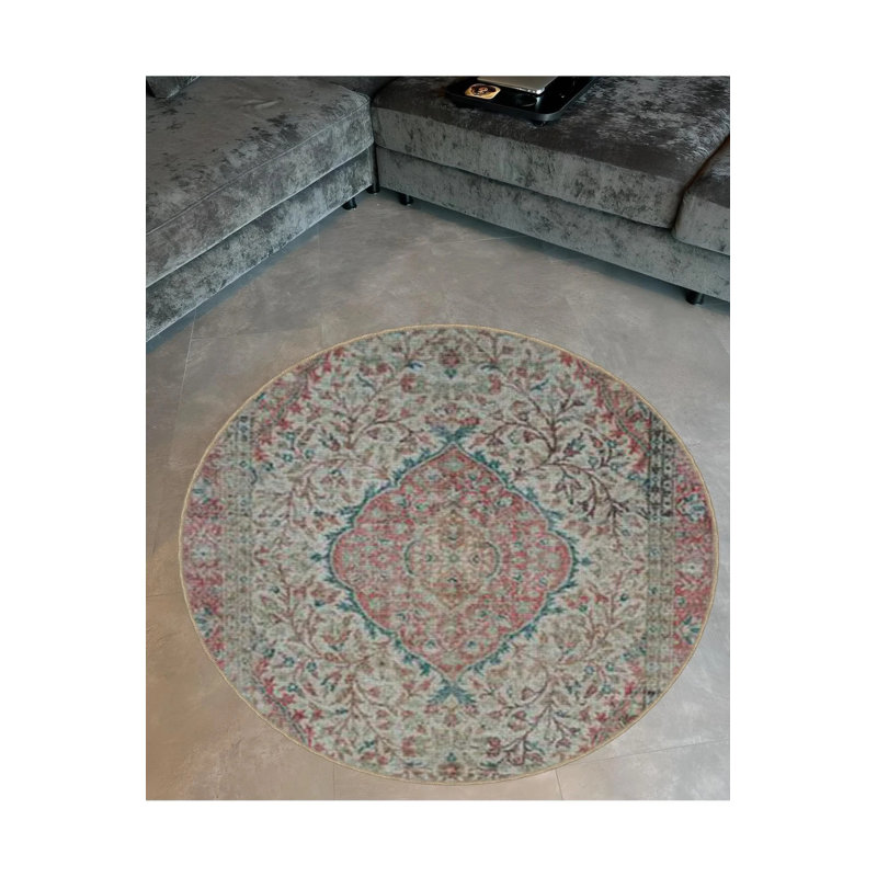 Light Tone Traditional Patterned Round Woven Base Vintage Decorative Carpet, Round 2'8"