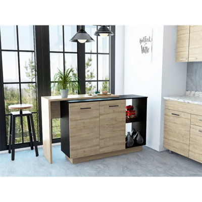 Îlot de cuisine à 2 tablettes et 1 tiroir Chesterfield en wengé noir et chêne clair