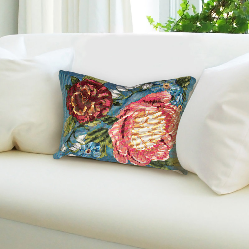 Marina Floral Outdoor Throw Pillow, Aqua, Rectangle 12"H x 18"W