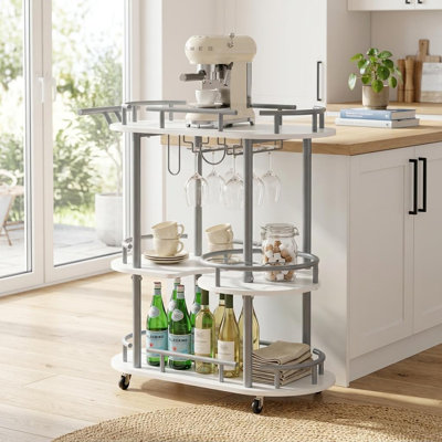 Chariot de service mobile à 3 niveaux avec support à vin et porte-verres GarveeHome