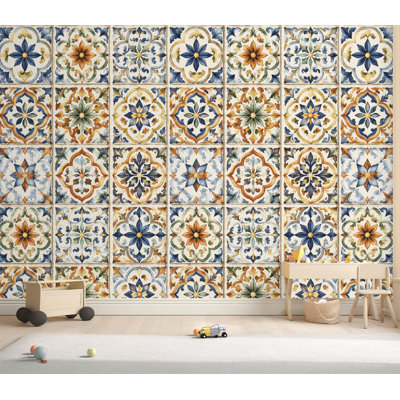 Wall Mural Peel and Stick Wallpaper colorful vintage ceramic tiles wall decoration turkish ceramic tiles Self-Adhesive Removable Contact Paper Wall Decor for Living Room Bedroom 69"H x 96"W