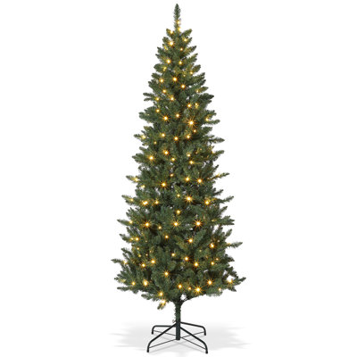 6FT Slim Pre-Lit Pencil Christmas Tree with Warm LED Lights, 9-Mode Remote Control – Space-Saving Artificial Holiday Tree for Home & Office, Easy Assembly