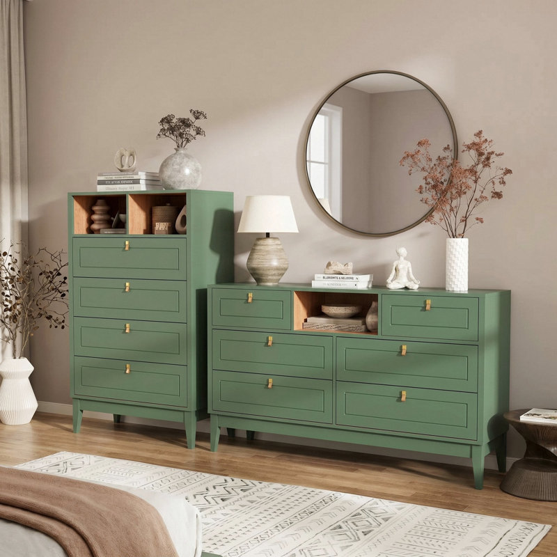 Ensemble de commode 2 pièces - Comprend une commode à 5 tiroirs et une commode à 7 tiroirs, vert sauge, Sage Green
