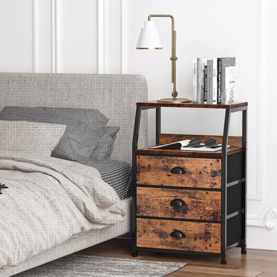 Table de chevet avec 3 tiroirs et tablette à 2 niveaux, petite tour de rangement verticale en tissu pour la chambre à coucher, placard, couloir, chambre de bébé, table d'appoint, structure en acier robuste, plateau en bois