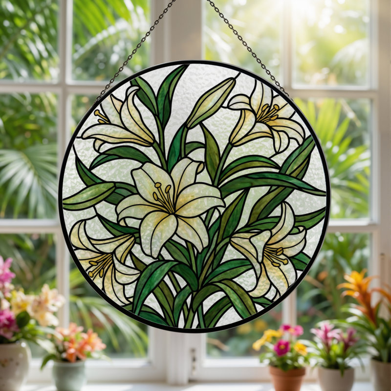 Panneau de vitrail en verre coloré 12 "H Lily Flowers, H 12 po x l 12 po