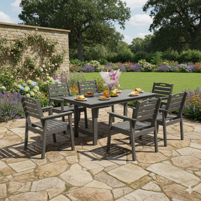6-Person Set Outdoor HDPE Patio Dining Set Furniture With Umbrella Hole Gray