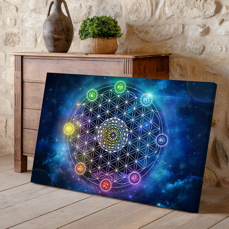 Toile, "Mandala cosmique hypnotisant", présentant des motifs géométriques complexes rayonnant d'énergie avec une fleur centrale