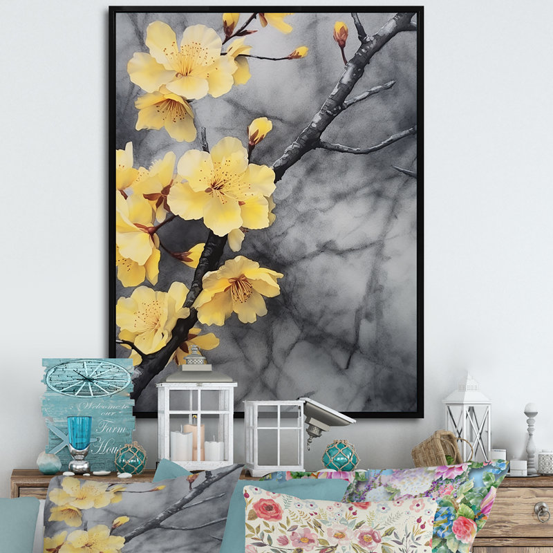 Fleurs de cerisier jaunes et grises sur toile, Cadre flottant noir, H 20 po x l 12 po