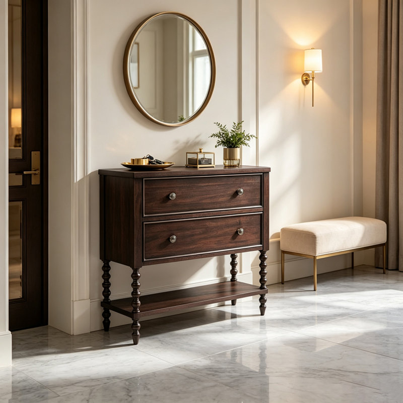 Commode d'appoint traditionnelle à 2 tiroirs avec tablette ouverte, Brown