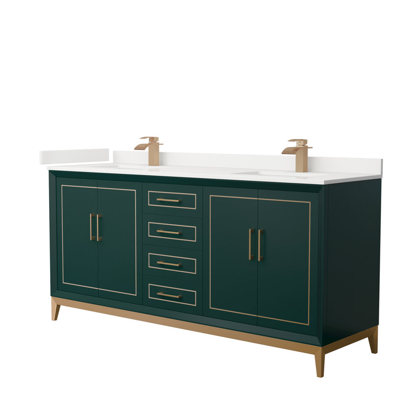 Meuble-lavabo double Marlena, Vert, Quartz blanc, Bronze satiné