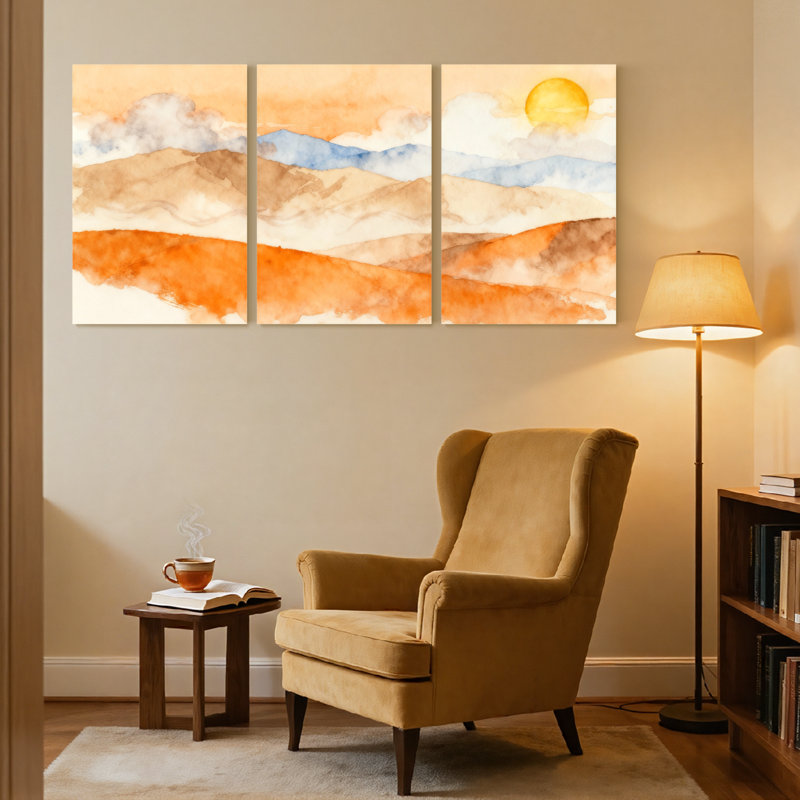 Abstrait, paysage désertique, coucher de soleil, ciel, montagnes, nuages, lumière du soleil, ensemble de 3 impressions sur toile