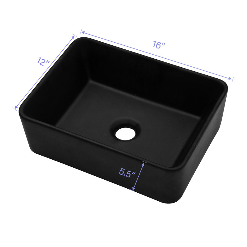 16"X12" Rectangular Ceramic Bathroom Sink In Matte Black. Sleek European Design. Quality, Low Water Absorbing, Stain-. For Above Counter Installation. 1 3/4" Center Drain. 16X12 Inch Black 16"X12".
