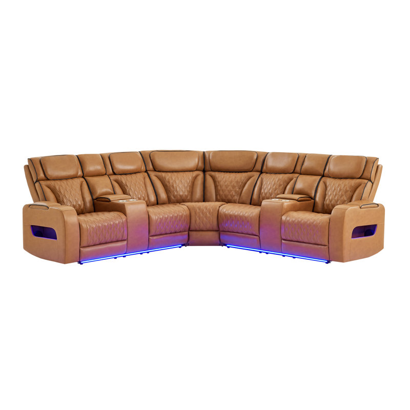 U8611 Camel Sectional With Power Headrest, Continuous Led And Speaker