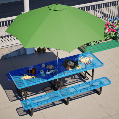 Table de pique-nique JAXILYN 244 x 157 cm en métal robuste, 10 couverts, structure en acier galvanisé, plateau en maille et trou pour parasol, noire