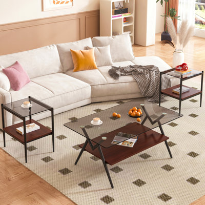 Table basse et tables de bout, ensemble de 3, table en verre trempé avec couche en MDF, tables modernes pour le salon, verre transparent
