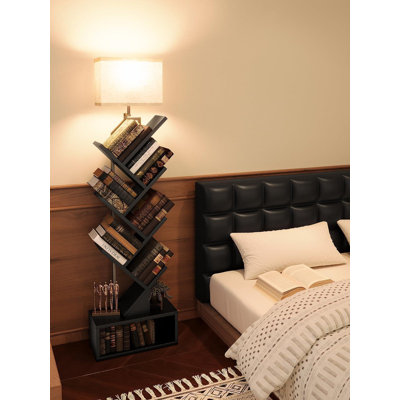 6-Tier Tree Book Shelf With LED Light, Steel&Wood Bookshelf With Storage Cabinet, Narrow Tall Bookcase by Latitude Run