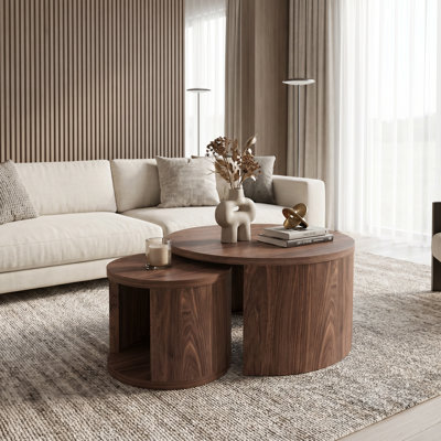 Modern Nesting Coffee Table Set of 2 - 31.5" Round Wood Center Table with Safety Groove Edge & Space-Saving Design