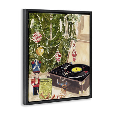 Record Player Under Christmas Tree Gold Framed Floater Canvas Wall Art, design by Melissa Wang