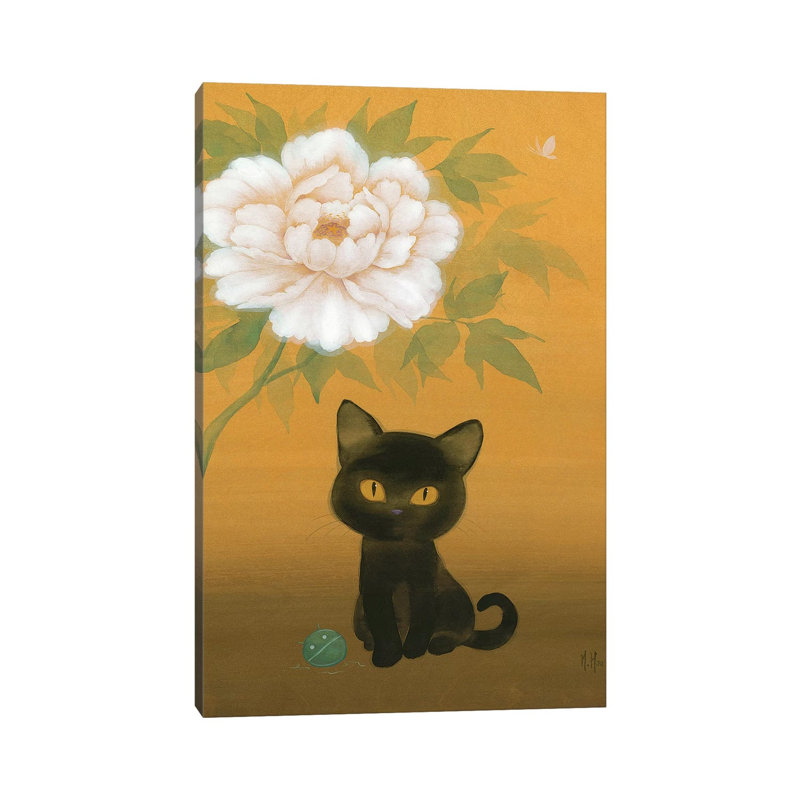Black Cat And Peony by Martin Hsu - Print on Canvas, 20.32 cm H x 30.48 cm W, Wrapped Canvas