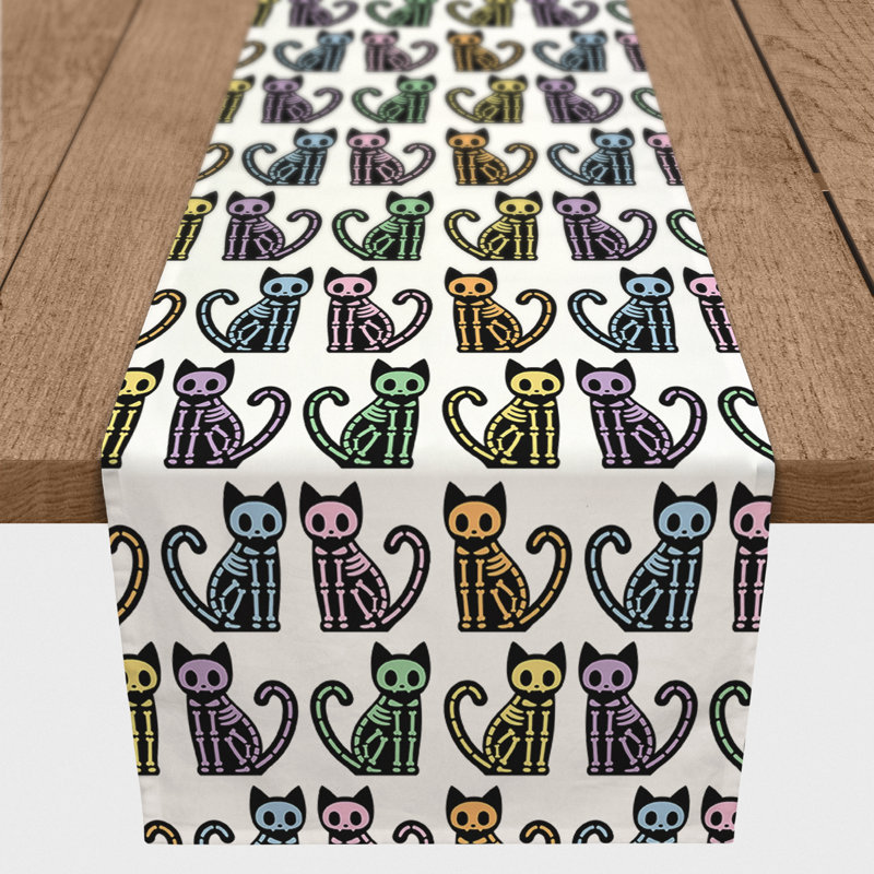 Hazbi Skeleton Cat Pattern Table Runner, 90" L x 16" W