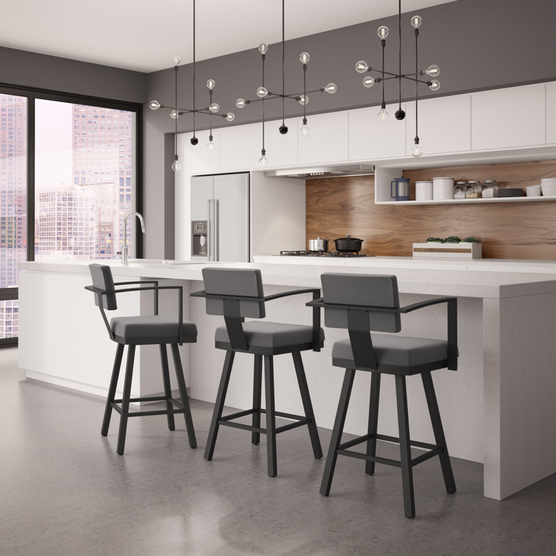 Athene Swivel Counter & Bar Stool, Textured Black Metal, Light Cold Gray, Counter Stool (26" Seat Height)