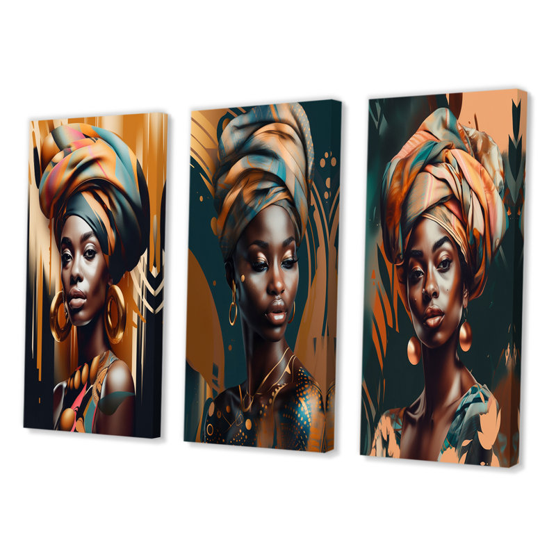 "Femme africaine chromatique", 3 pièces sur toile, Toile tendue, H 40 po x l 60 po