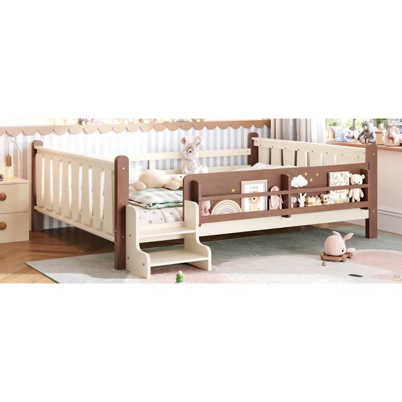 Grand lit au sol avec bibliothèques de rangement, lit en bois massif pour enfants avec de jolis escaliers et garde-corps, aucun sommier nécessaire