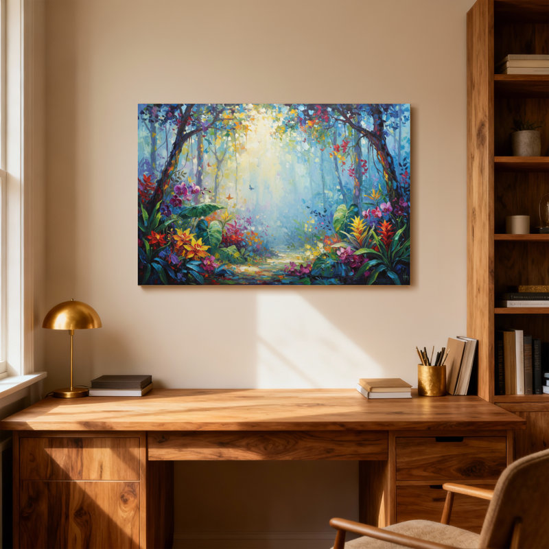 Paysage et nature, chemin de la forêt enchantée avec des fleurs vibrantes, H 16 po x l 24 po
