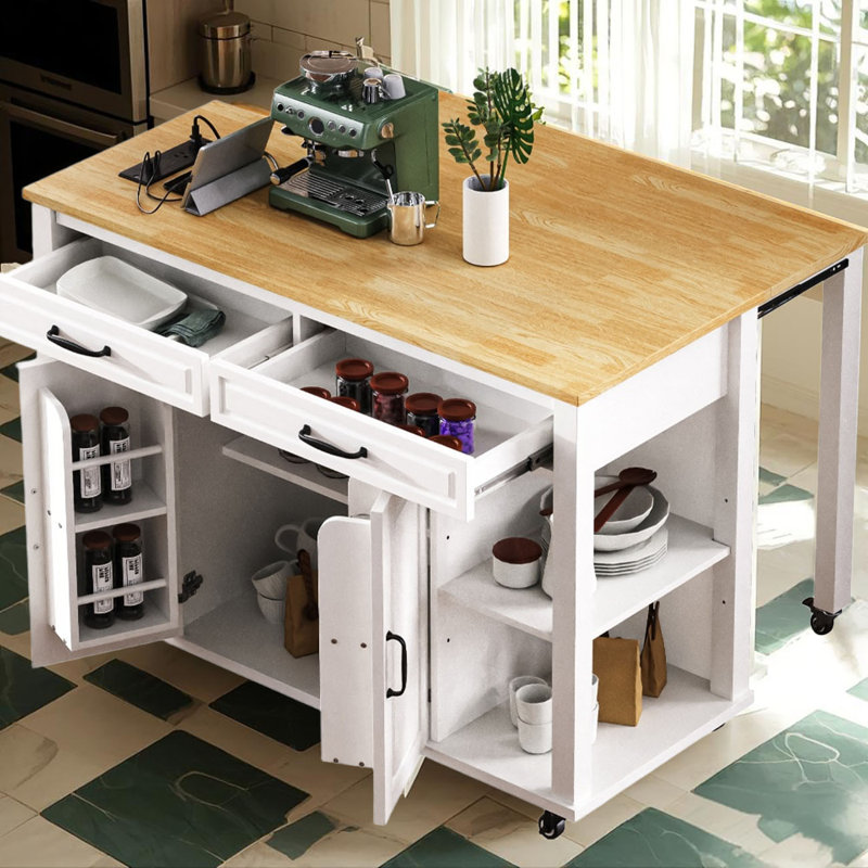 47 Inch Kitchen Island With Extendable Dining Table, Rubber Wood Veneer Kitchen Table With Internal Storage Rack, Power Outlet, Kitchen Island With Storage 2 Drawers 2 Cabinet