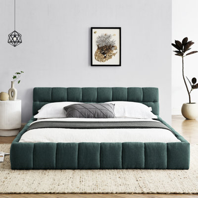 Modern Queen Bedroom Bed, Chenille Upholstered, Headboard, No Box Spring, Blue, Solid & Stable Platform Size Bed Frame, Upholstered In Fabric, Thick