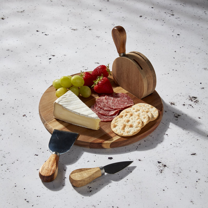 Tabletops Gallery Tabletops Gallery Acacia Wood 5-piece Round Serving Board Set with Cheese Knives and Holding Block