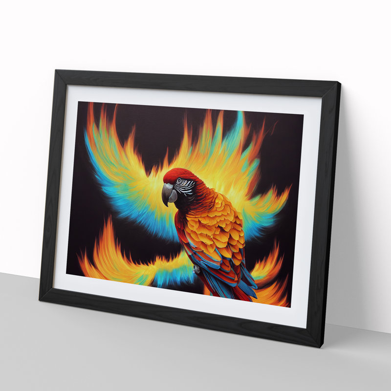 Flaming Macaw Parrot - Single Picture Frame Print, Black, 34cm H x 46cm W x 2cm D