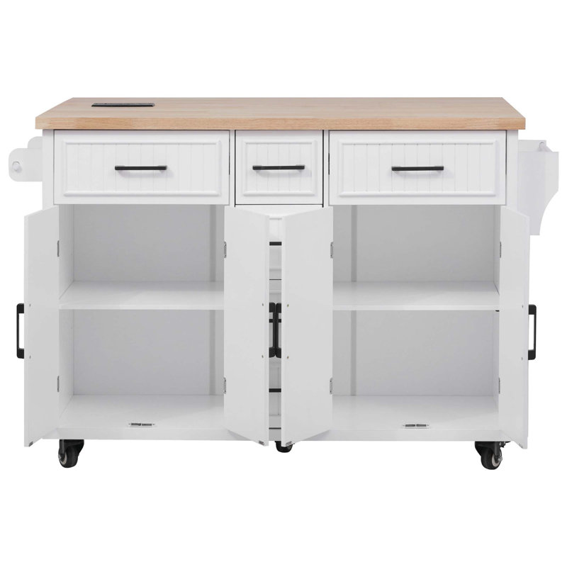56.5'' Kitchen Island With Drop Leaf, Power Outlet, And Embossed Vertical Stripe Design For Enhanced Storage And Mobility