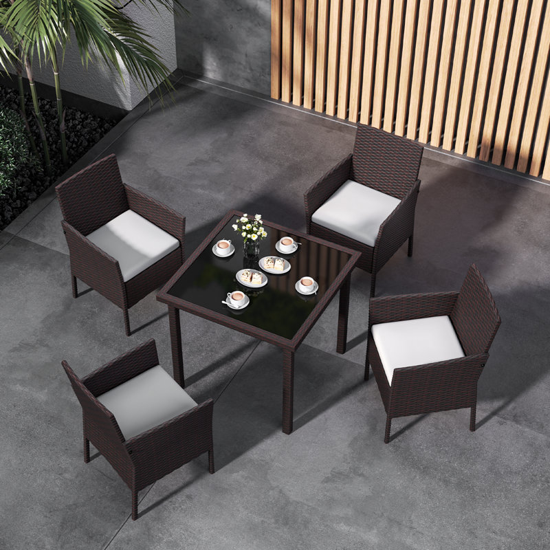 5 Pieces Patio Dining Set, Outdoor Rattan Furniture Set with Glass Top Table and Cushioned Chairs