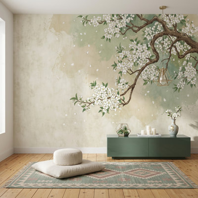 Floral Branch Wallpaper White Blossoms Removable Watercolor Wash Wall Decor
