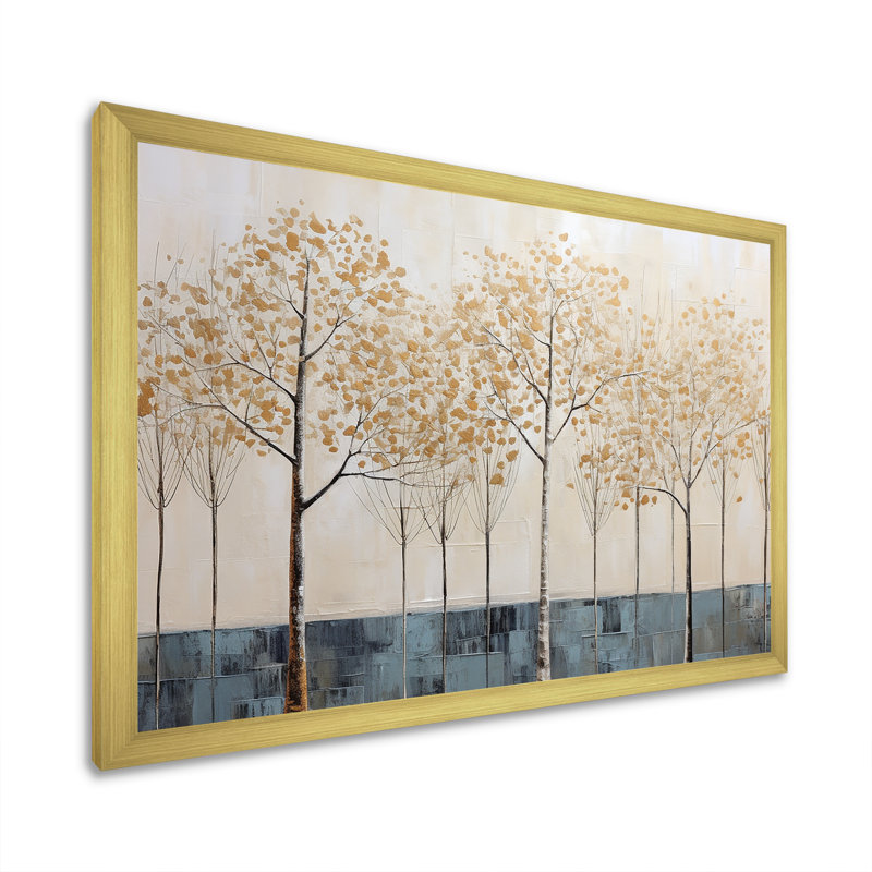 Minimalisme, scène d'arbres bleus et or I sur toile, H 12 po x l 20 po x P 1 po, Cadre doré simple